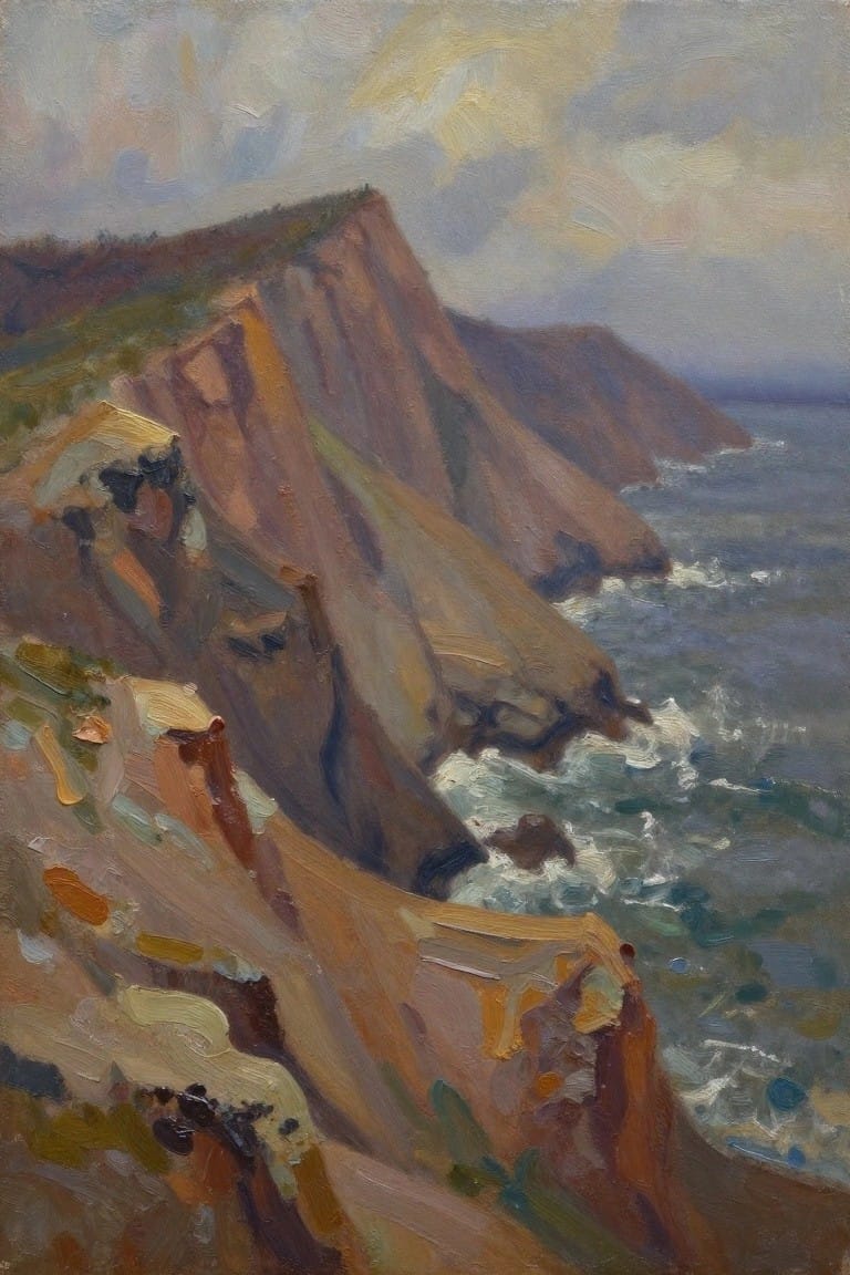Oil painting of steep reddish-brown cliffs along a coastline dropping into a dark ocean with whitecaps under a cloudy gray sky.
