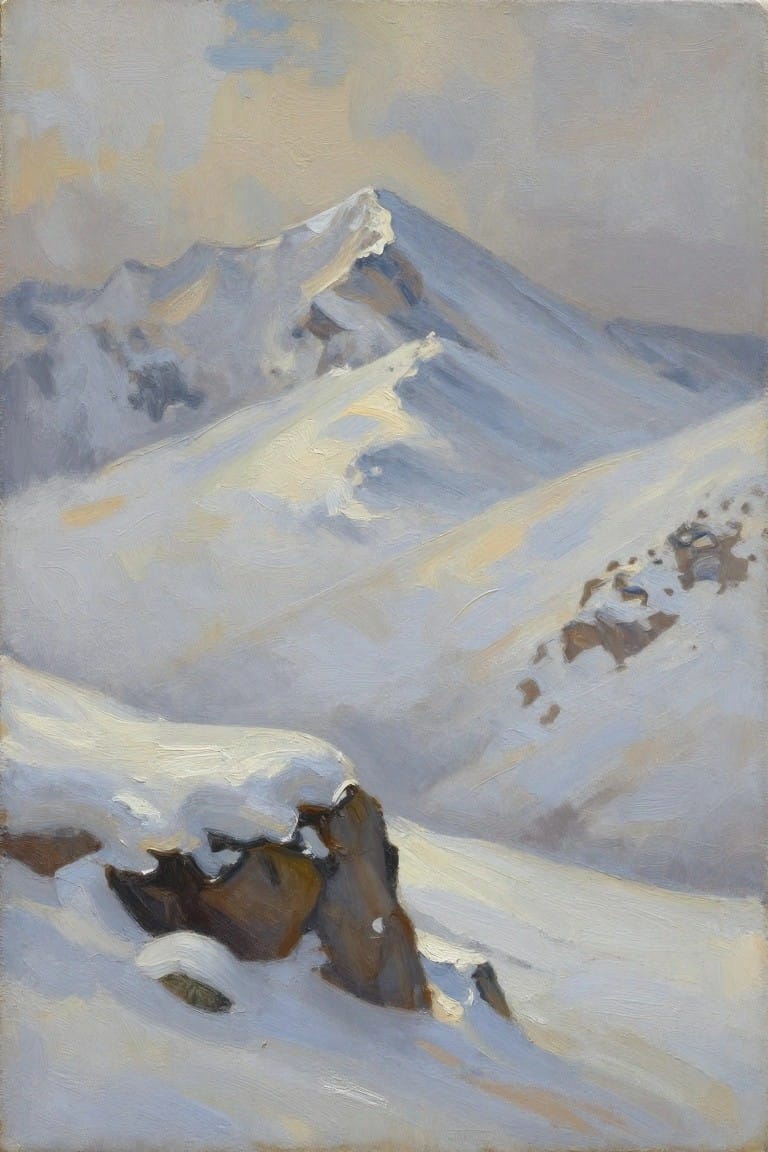 Oil painting depicting a prominent snow-covered mountain peak with snowy ridges and a rocky foreground under a cloudy sky.
