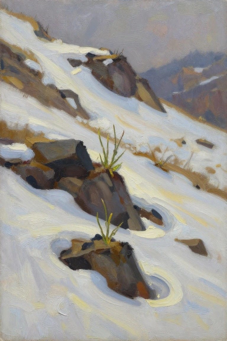 Oil painting of a snowy mountain slope with dark rocks and small green shoots poking through the snow under a gray sky.