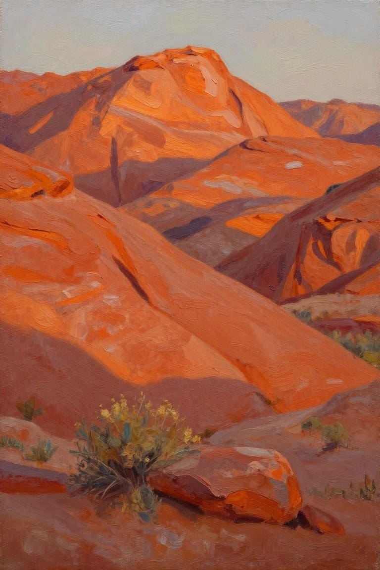 Oil painting of layered red rock formations in a desert canyon with warm sunset tones, shadows, sparse plants, and a pale sky.