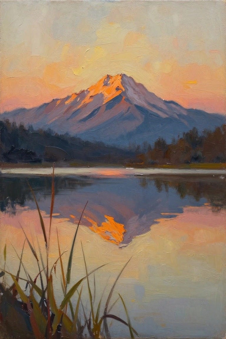 Oil painting of a snow-capped mountain glowing orange at sunset, reflected in a lake with reeds and surrounding trees.