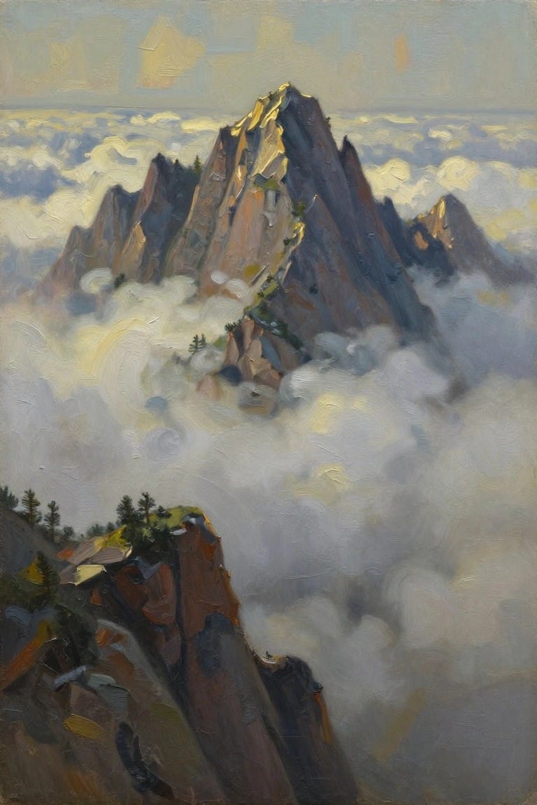 Oil painting of a tall jagged mountain peak rising from swirling white clouds, with golden sunlight on rocks and scattered pines on reddish lower cliffs.