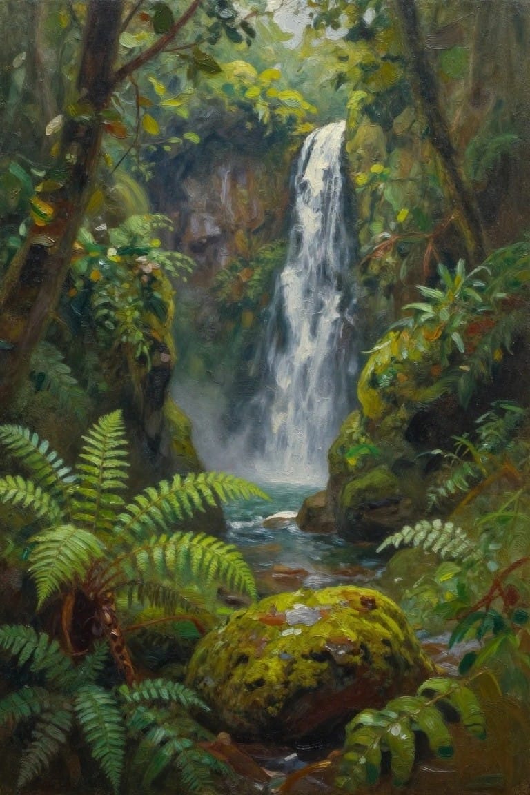 Oil painting of a tall waterfall cascading into a forest pool, surrounded by green ferns, mossy rocks, and dense tropical foliage.