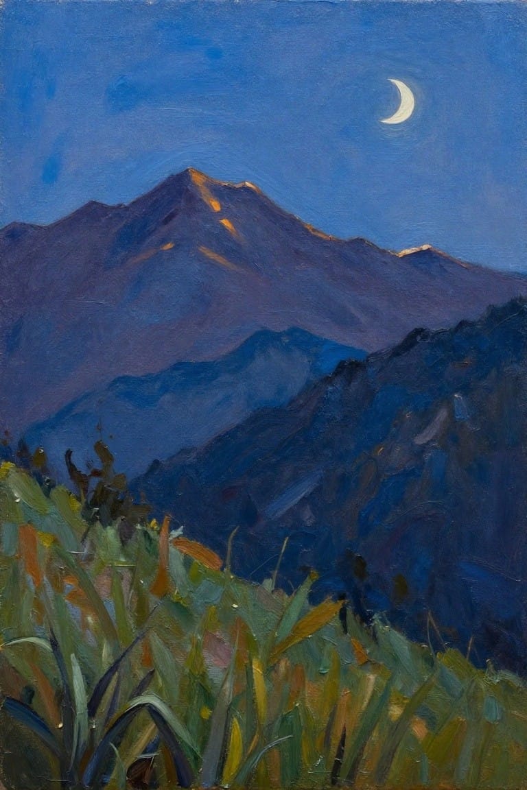 Oil painting of distant mountains with orange highlights under a crescent moon in blue twilight sky and green foreground grasses.