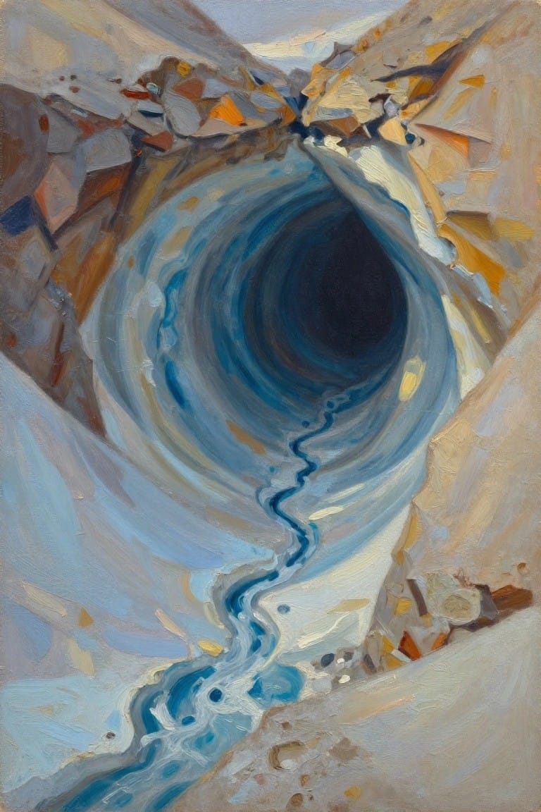 Oil painting of a deep cylindrical blue chasm in earthy orange-brown rocks with a winding lighter blue stream emerging from the depths and scattered debris on the rim.