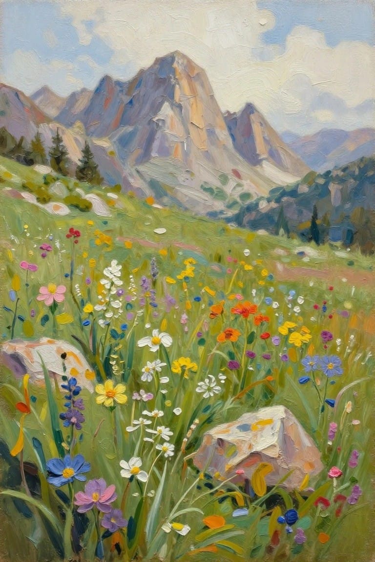 Oil painting depicting a vibrant wildflower meadow with scattered rocks in the foreground of a valley flanked by tall, rugged mountains under a partly cloudy sky.
