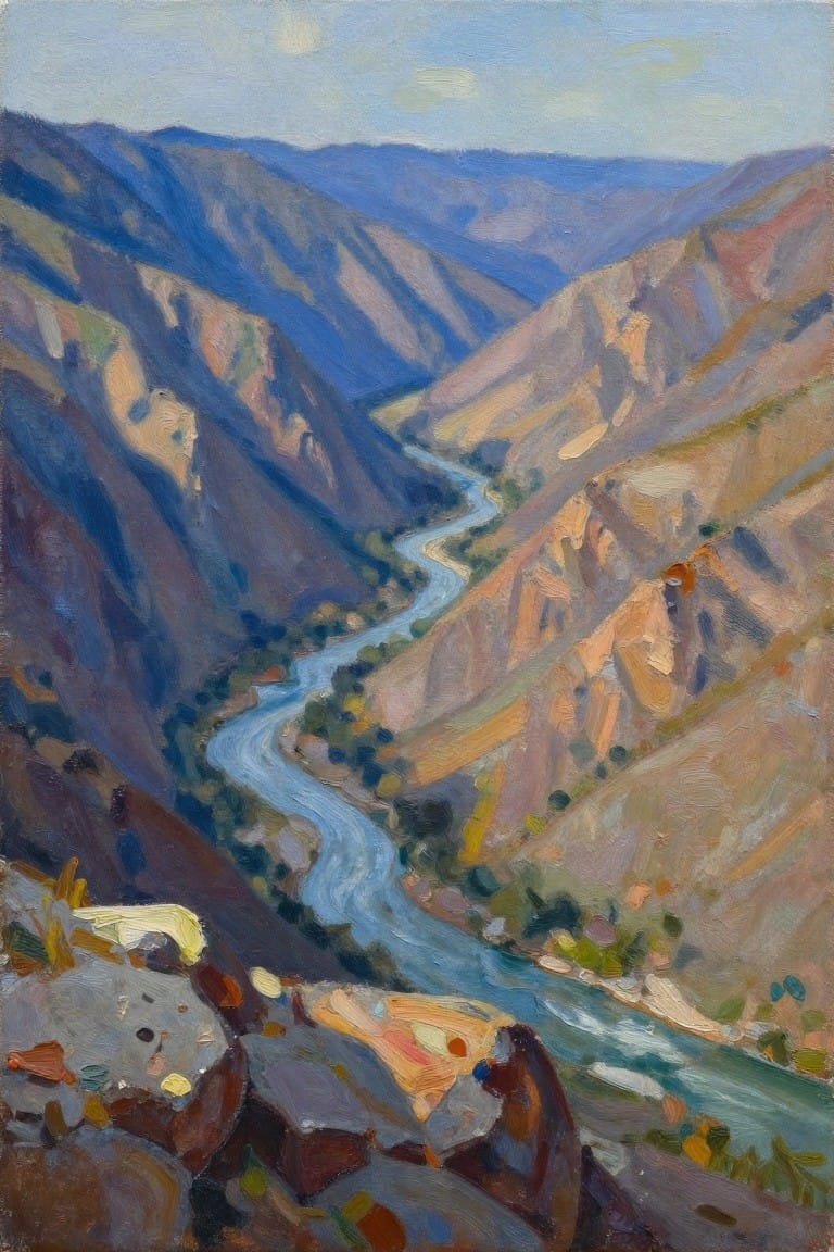 Oil painting depicting a blue river curving through steep brown and orange canyon walls from a foreground rocky overlook under a pale blue sky with clouds.