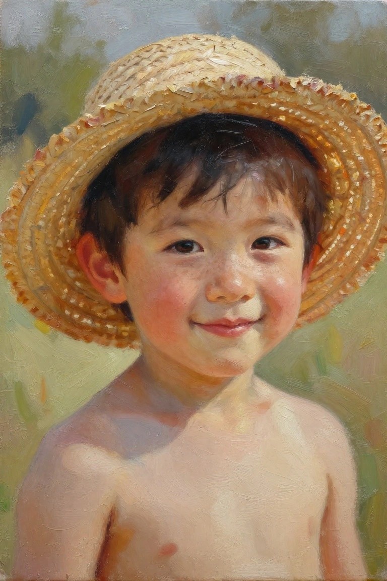 Oil painting portrait of a shirtless young boy with brown hair smiling under a wide straw hat against a green background.