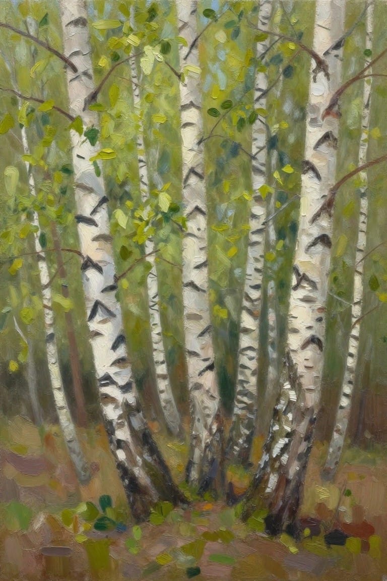 Oil painting of a cluster of white birch trees with green spring leaves and forest floor in impressionistic style.