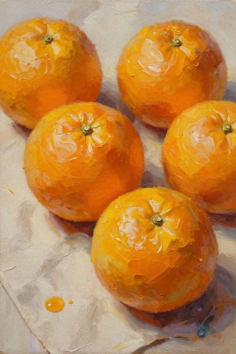 Oil painting of five textured oranges arranged on light cloth with a small orange droplet nearby.