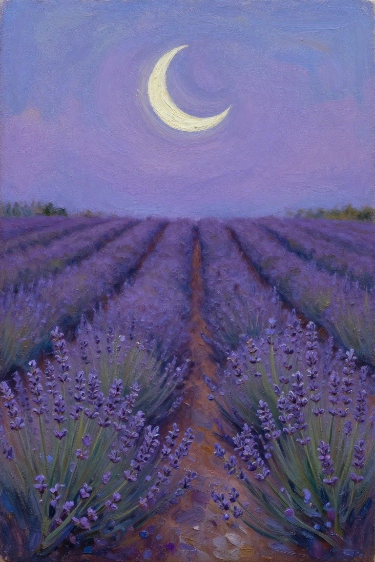 Oil painting of purple lavender fields stretching into the distance under a purple sky with a glowing white crescent moon.