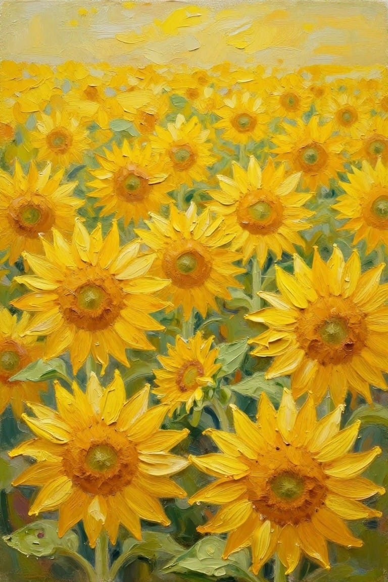 Oil painting of a dense field of yellow sunflowers under a warm yellow sky with textured brushwork.