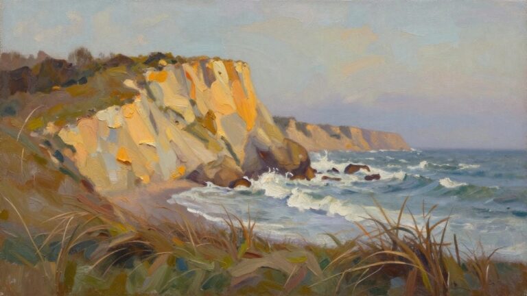 Oil painting of orange-toned cliffs dropping to crashing blue-green waves, with tall grasses in the foreground under a pinkish sunset sky.