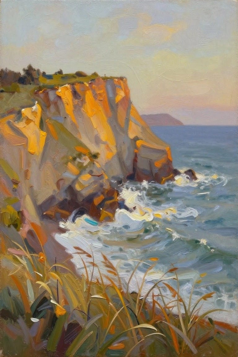 Oil painting of orange-toned cliffs dropping to crashing blue-green waves, with tall grasses in the foreground under a pinkish sunset sky.