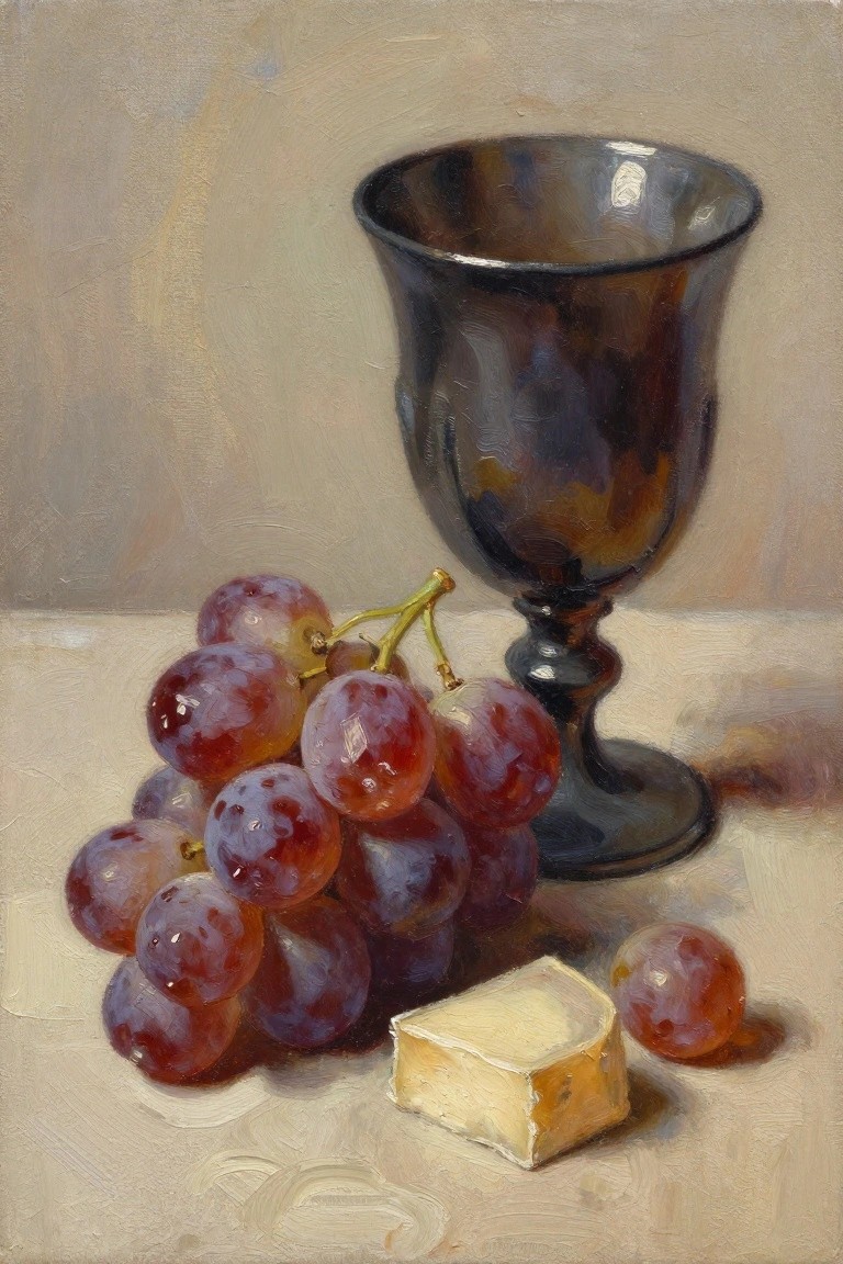Oil painting of a bunch of purple grapes beside a black chalice, with a cube of white cheese and a single grape on a neutral background.