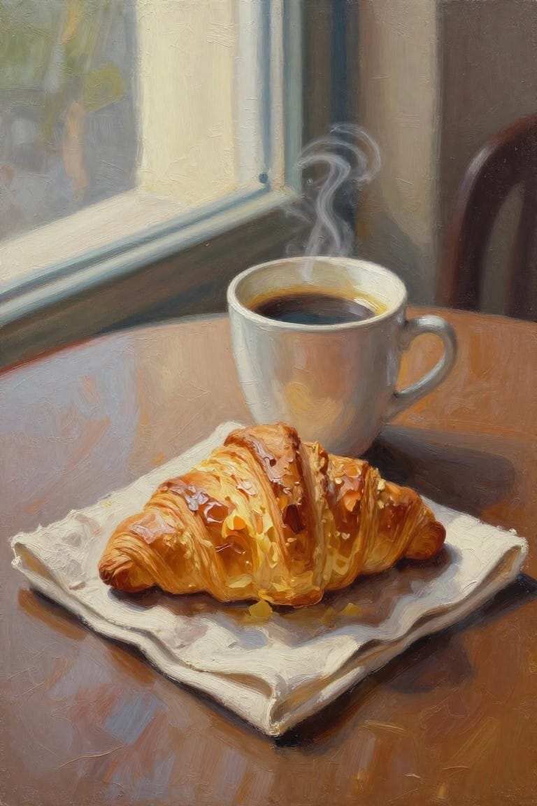 Oil painting of a golden croissant on a white napkin next to a white cup of black coffee with steam rising, on a wooden table by a sunlit window.