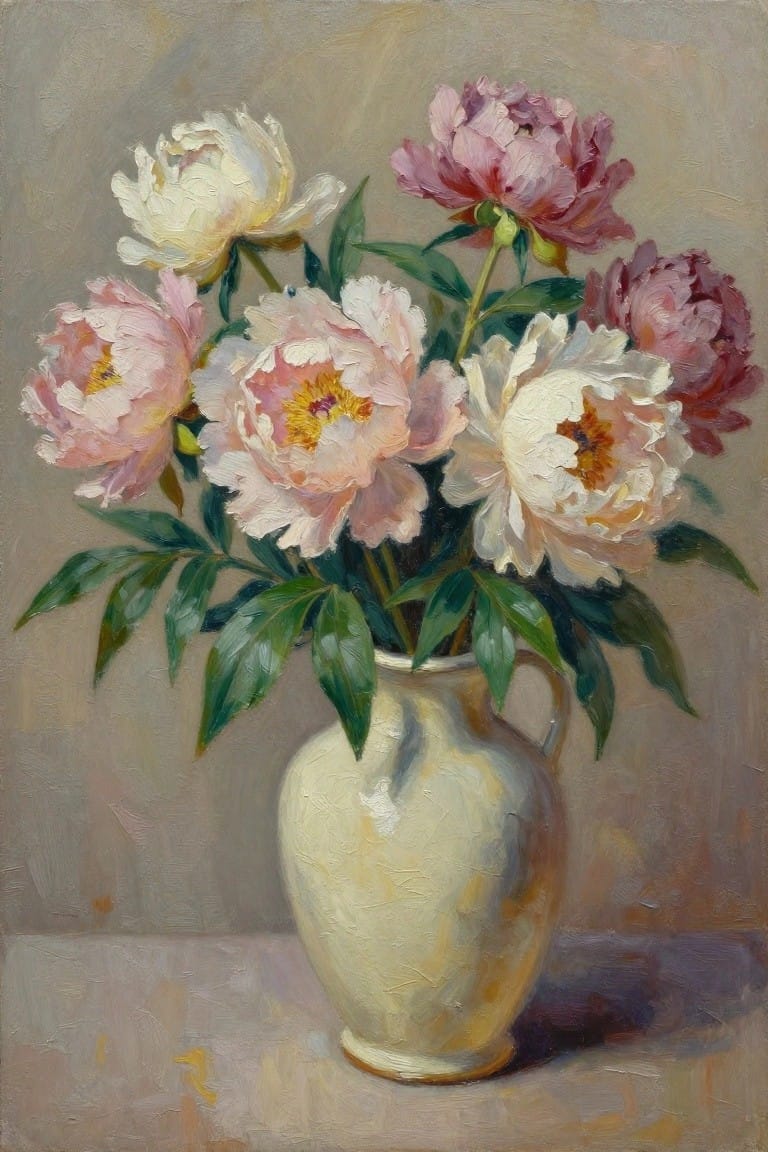 Oil painting of white and pink peonies arranged in a cream vase with green leaves on a neutral background.