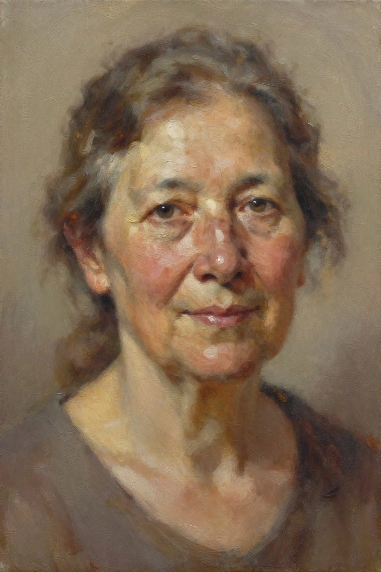Oil portrait of an elderly woman with loose gray hair, warm skin tones, subtle smile, and textured brushwork on a neutral background.