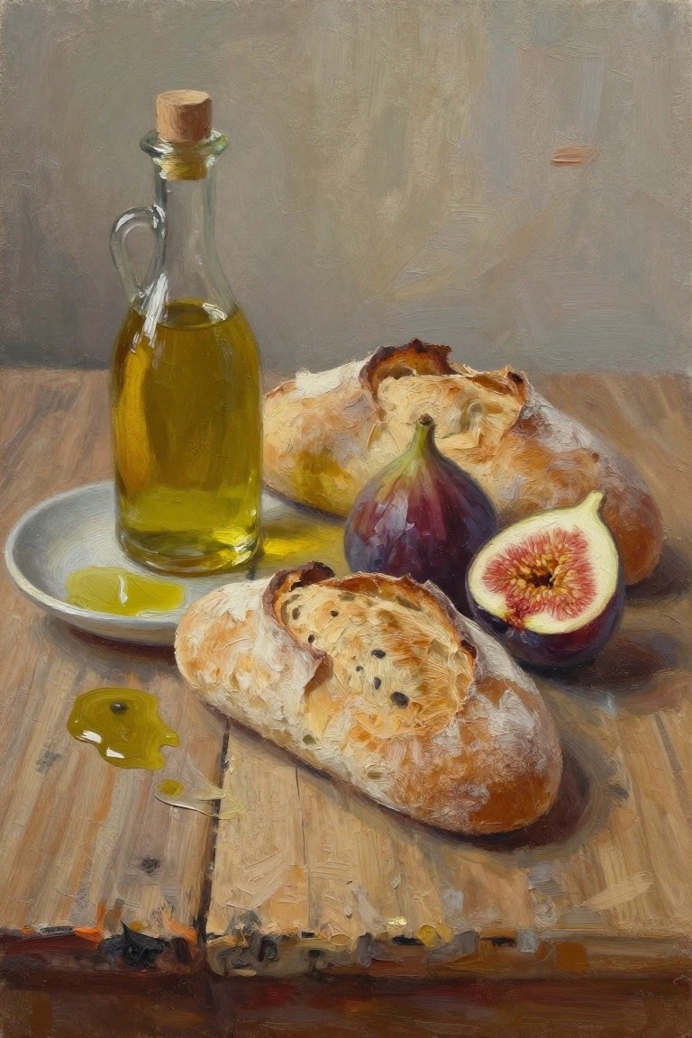 Oil painting depicting crusty bread loaves, split purple figs, and a glass bottle of olive oil on a wooden table with oil spills.