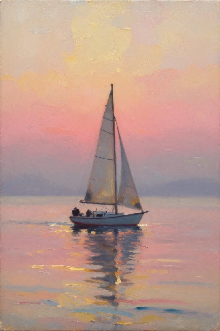 Oil painting of a sailboat on calm waters under a pink and orange sunset sky with glowing reflections.