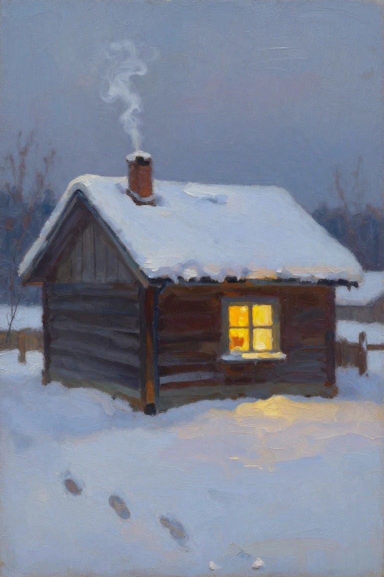 Oil painting of a wooden log cabin covered in snow, with chimney smoke rising and yellow light from a window against a blue twilight sky and footprints in the snow.