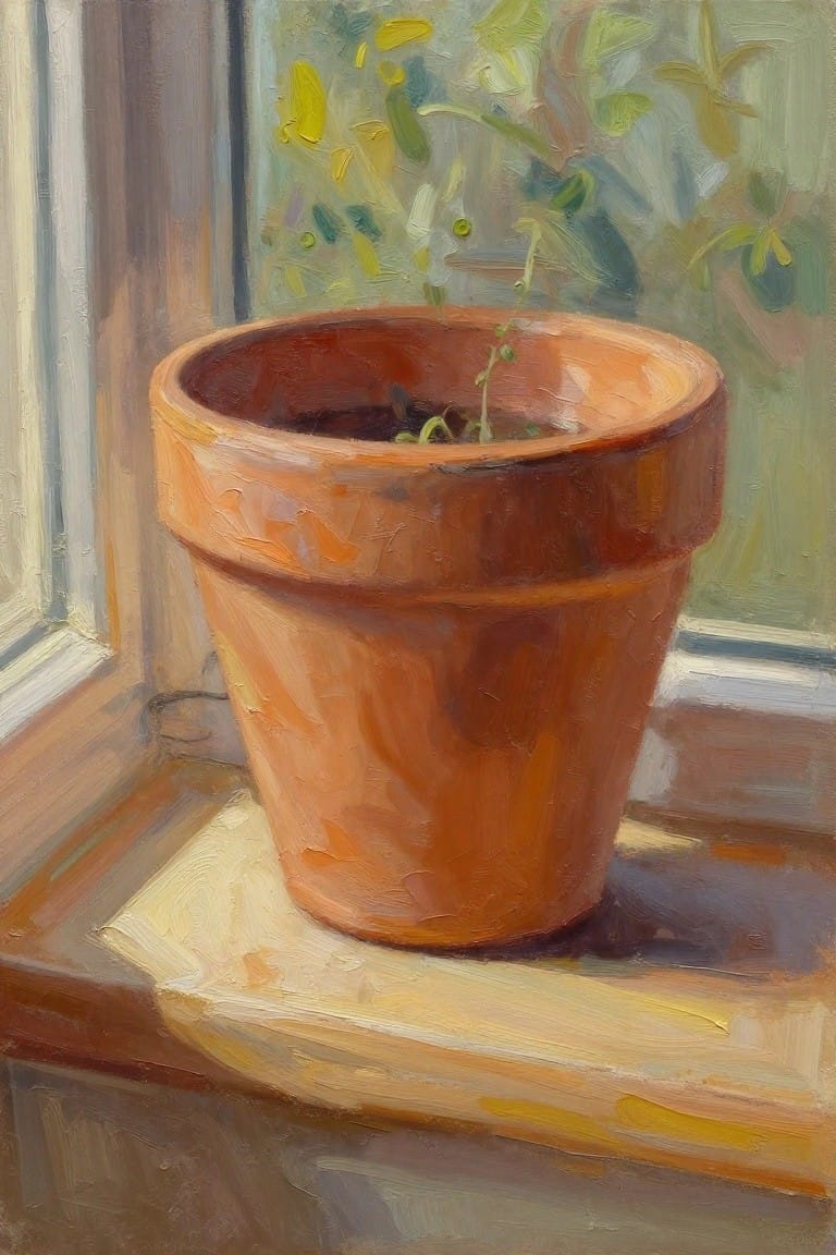 Oil painting of a terracotta pot with a small green sprout on a sunlit windowsill, soft green plants visible through the window.