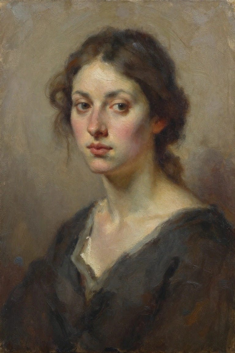 Realistic oil portrait of a young woman with curly brown hair, pale skin, pink cheeks, and dark off-shoulder garment against a muted background.