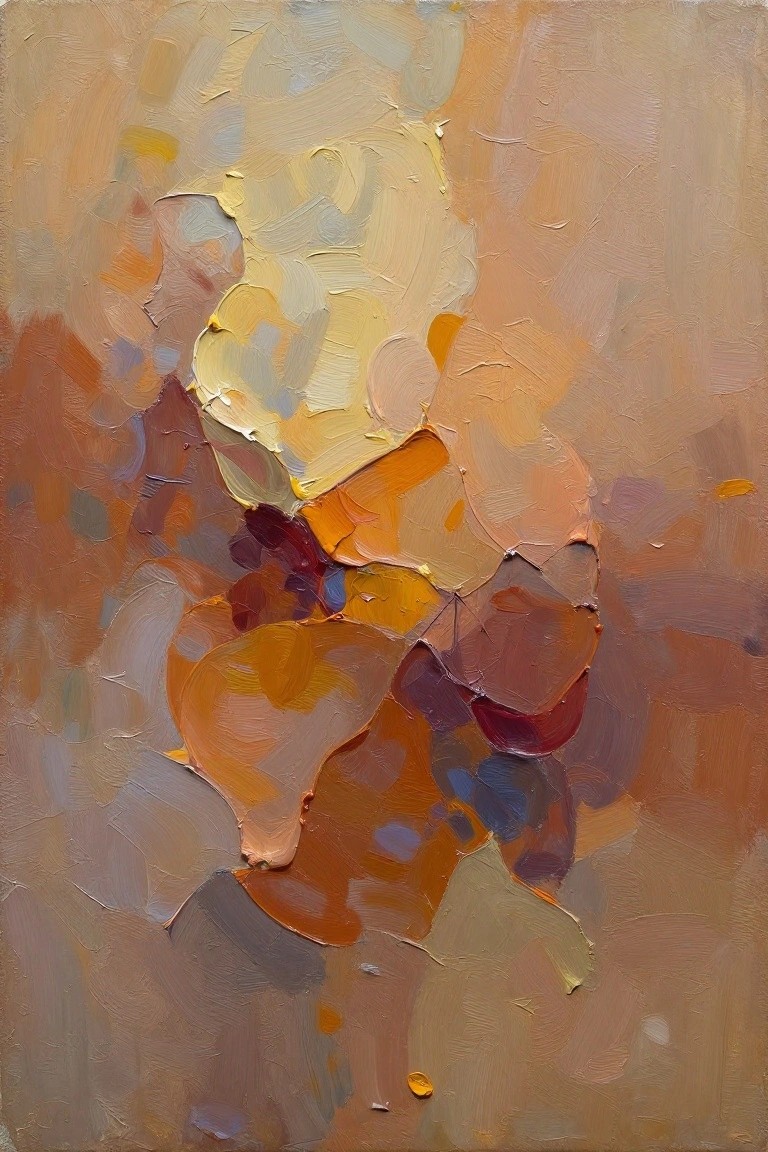 Abstract oil painting with textured, blended shapes in warm oranges, yellows, beiges, and subtle reds and purples on a neutral background.