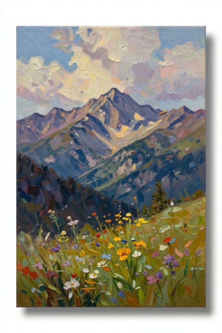 Oil painting depicting a prominent mountain peak amid ridges and a valley, with pine trees, a meadow of varied wildflowers, and partly cloudy skies.