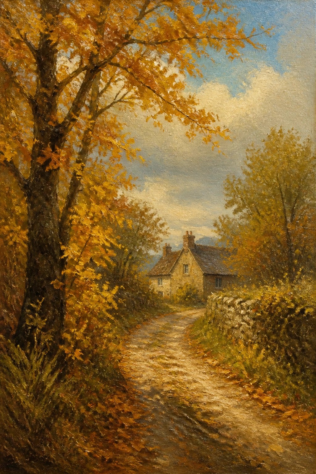 Autumn path through golden trees leads to a stone cottage under blue sky