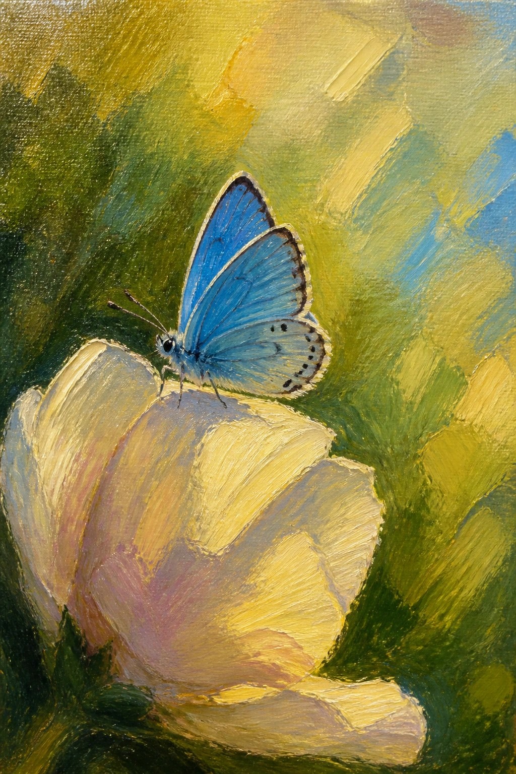An oil painting of a blue butterfly with black markings resting on a pale yellow flower with green and yellow brushstrokes in the background.
