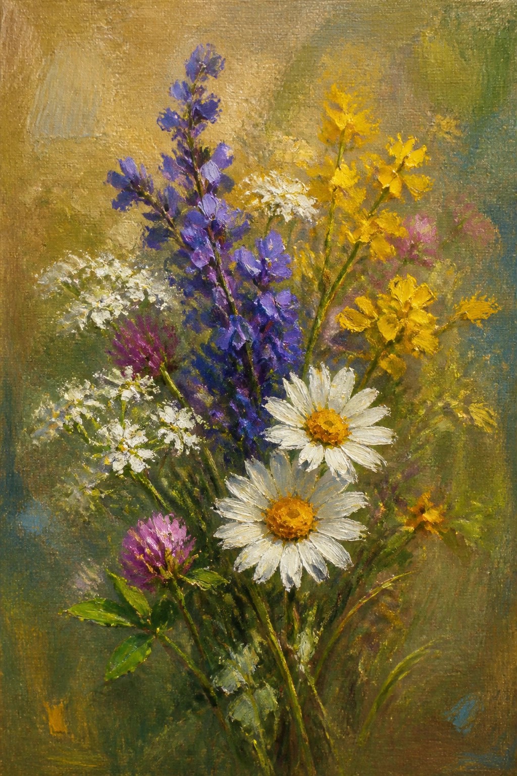 An oil painting of a wildflower bouquet with purple spikes, white daisies, yellow blooms, and scattered pink and white flowers against a soft earthy background.