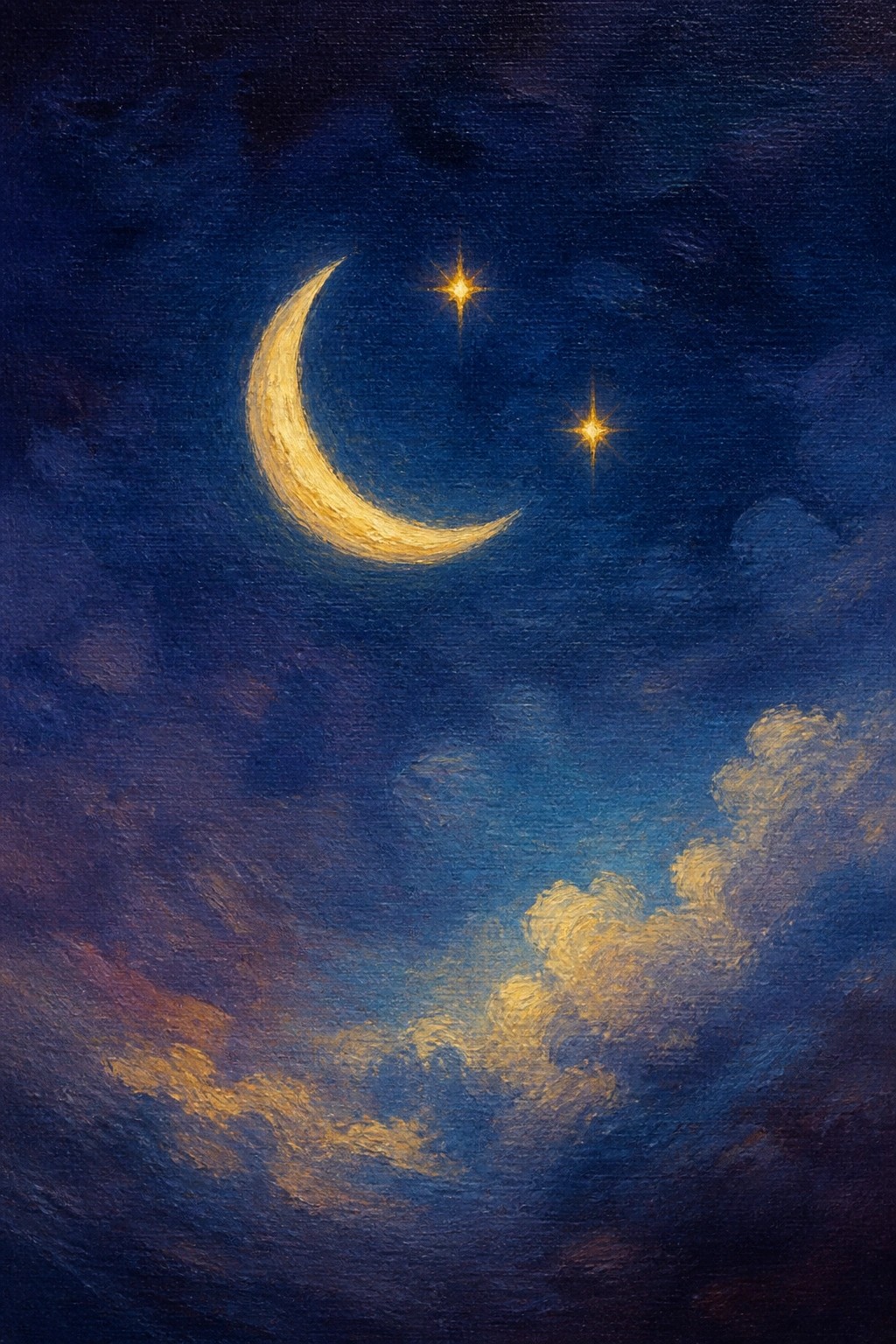 Crescent moon and two stars glowing above blue and yellow clouds in night sky painting