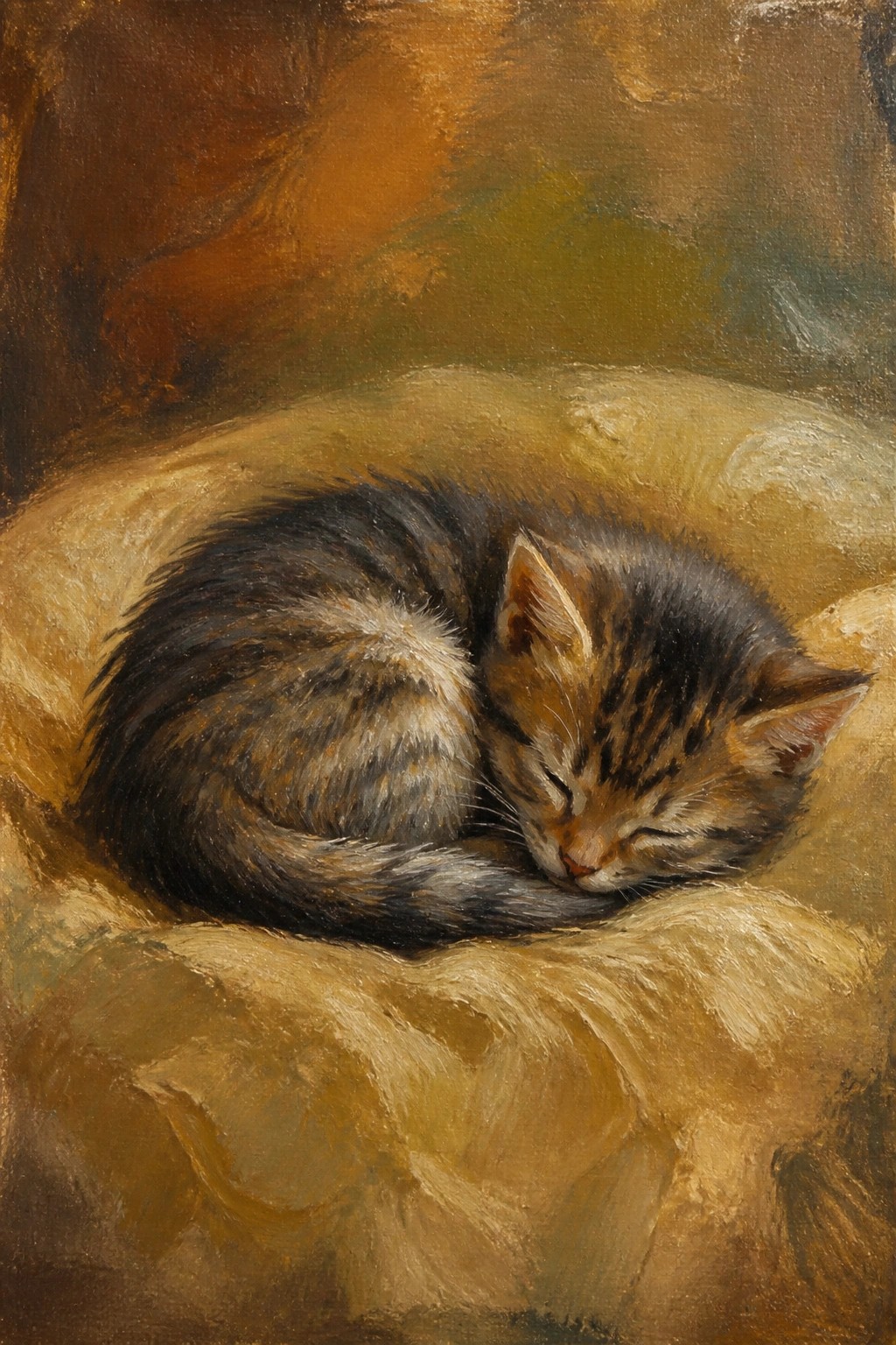 Curled tabby kitten sleeping on soft golden-brown cushion in warm oil painting.