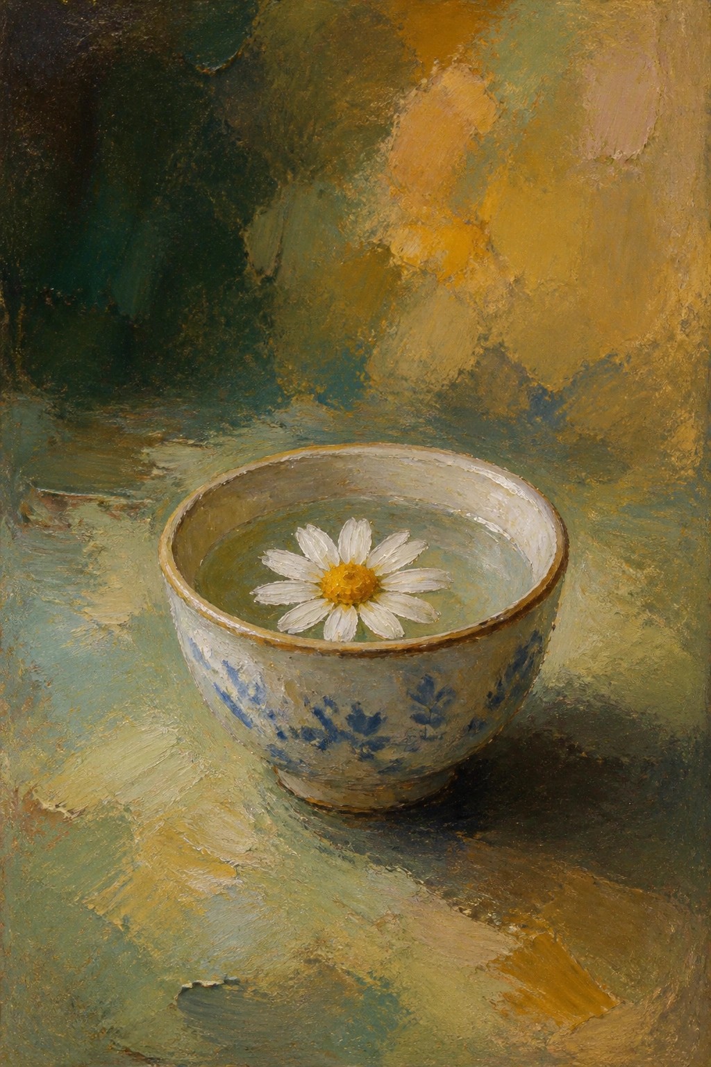 White daisy floating in water inside blue-patterned ceramic bowl, painterly background