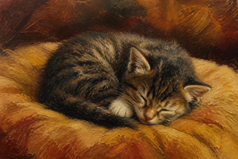 Curled tabby kitten sleeping on soft golden-brown cushion in warm oil painting.