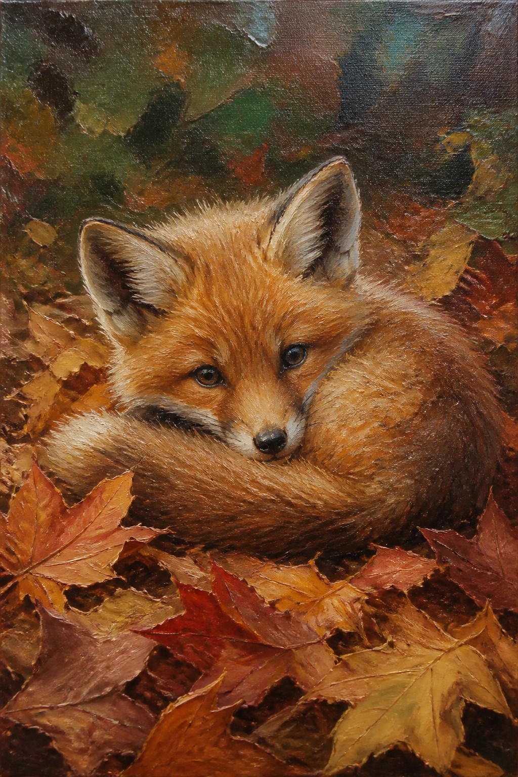 Realistic painting of red fox curled among vibrant autumn leaves.