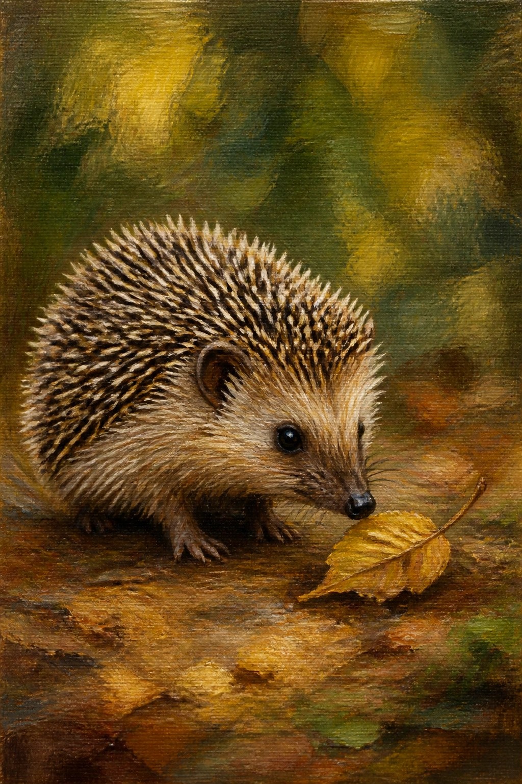 Hedgehog with brown spines sniffs yellow leaf on autumn forest floor