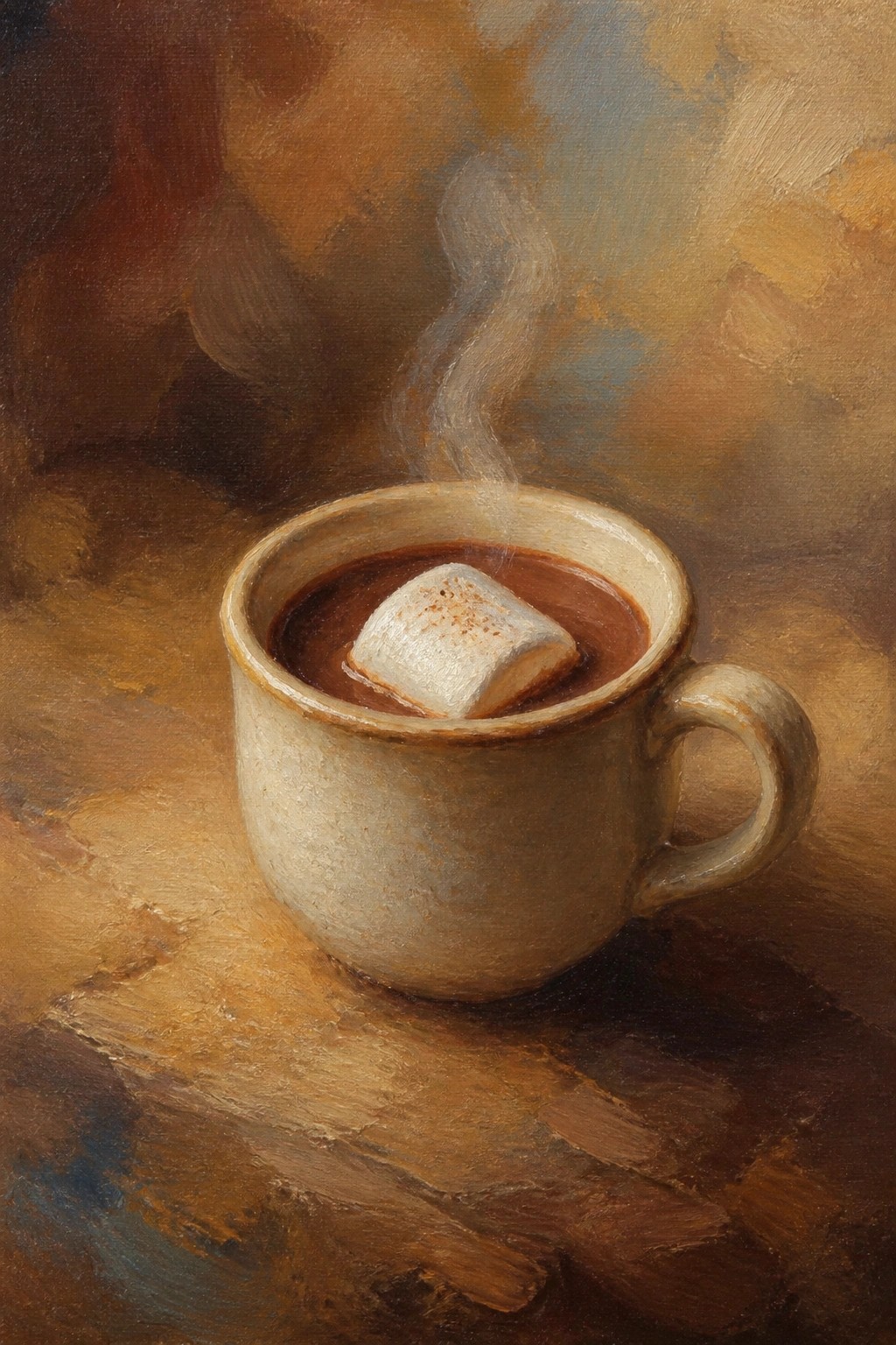 Oil painting of steaming mug with hot chocolate and floating marshmallow