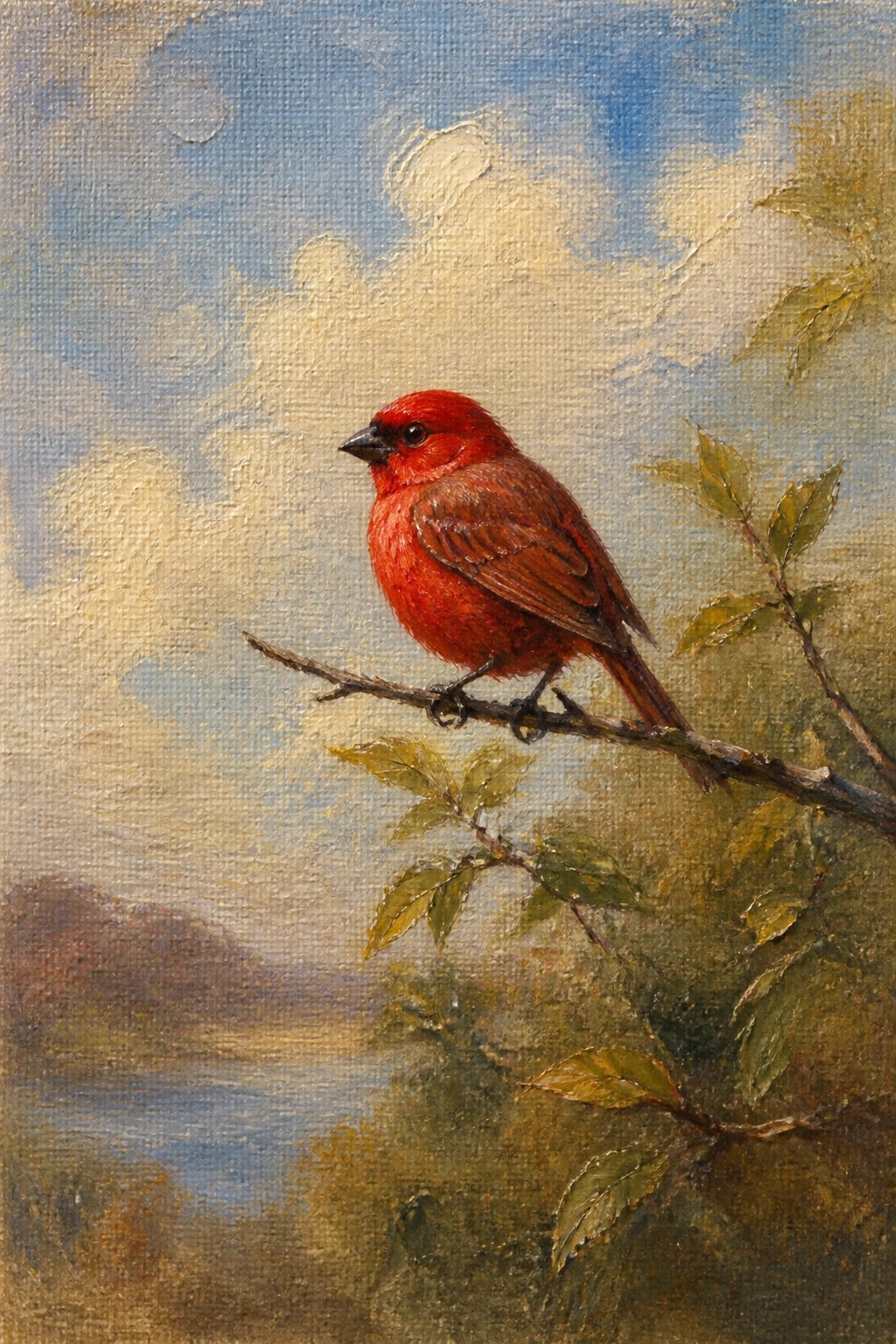 Red cardinal perched on a branch with green leaves under a cloudy blue sky