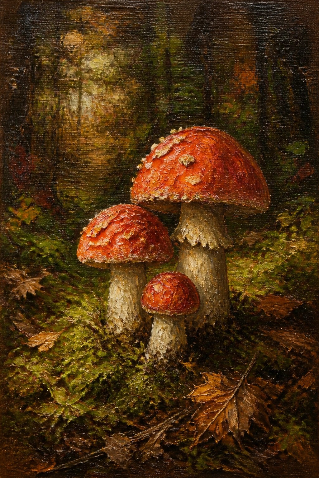 Three red mushrooms with speckled caps on mossy forest floor amid leaves
