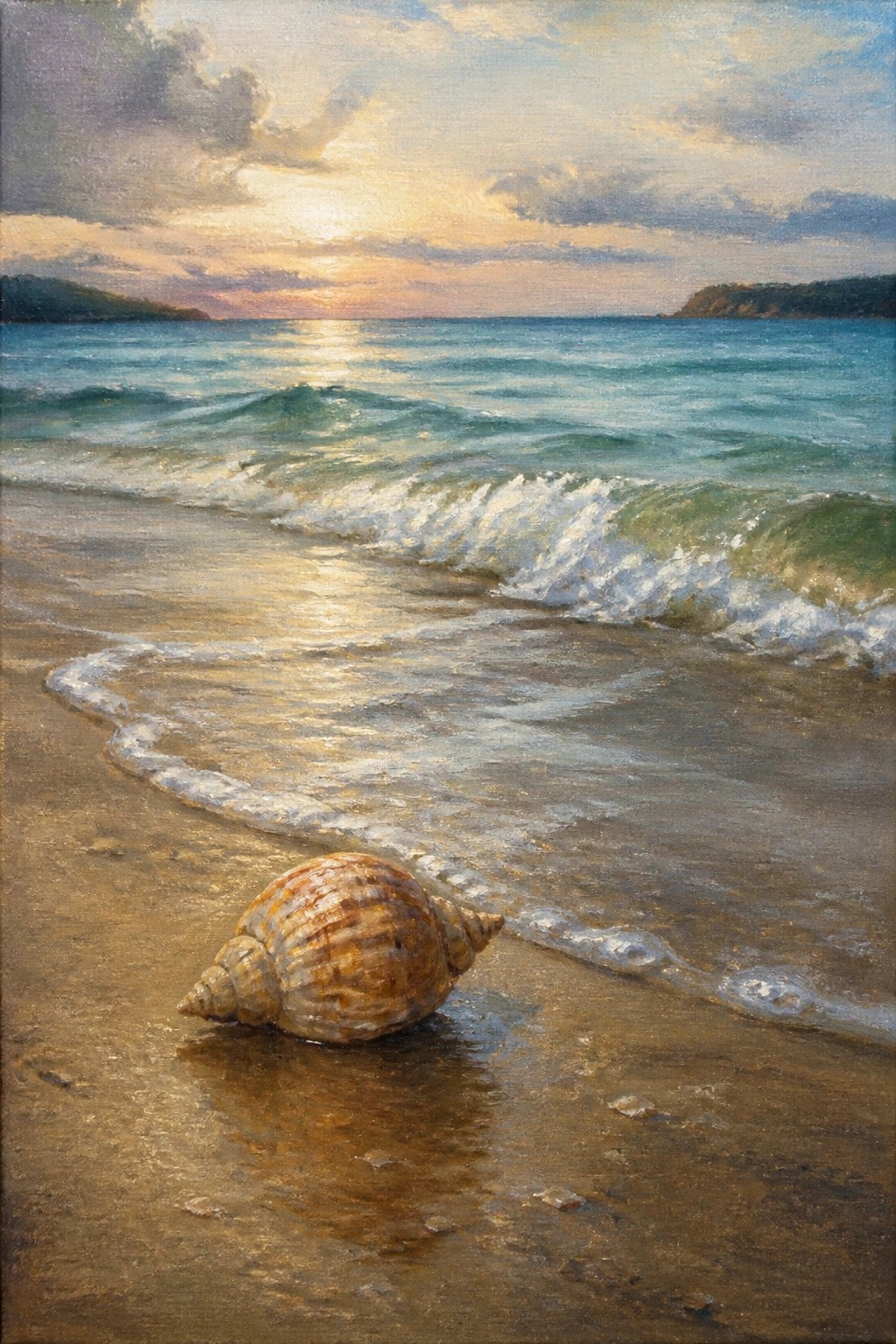 Realistic painting of seashell on wet sand with turquoise waves at sunset