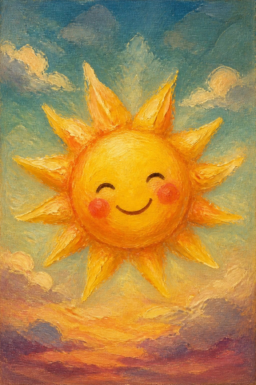 An oil painting of a yellow sun with a smiling face, closed eyes, rosy cheeks, and pointed rays against a blue sky with clouds.