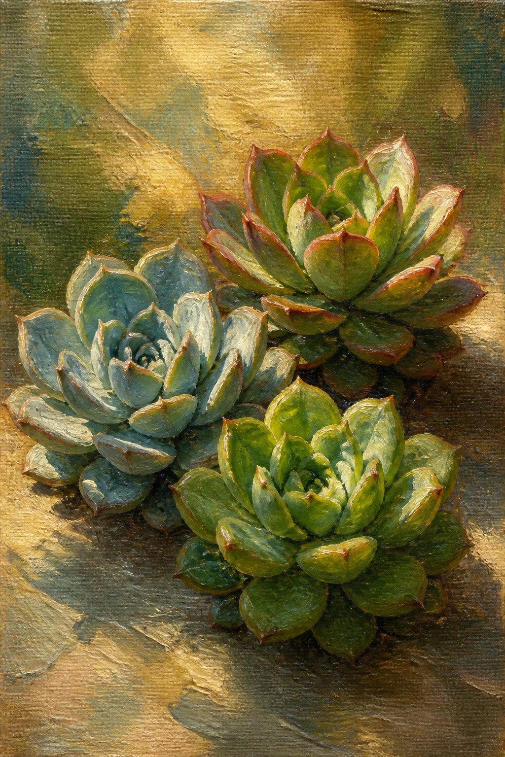 Three succulent plants in oil paint with layered green leaves edged in red, set against a textured golden-brown background.