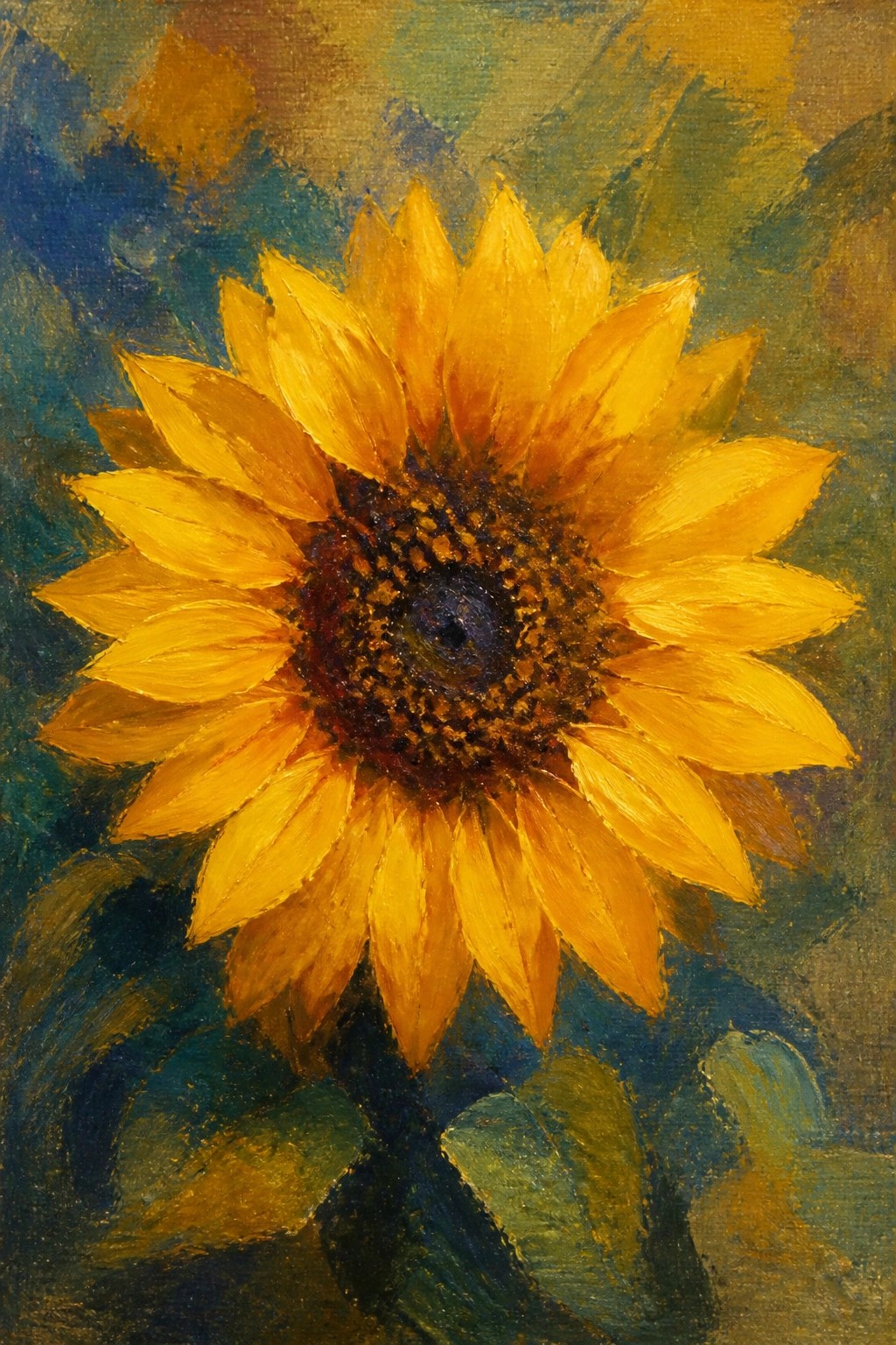 Vibrant yellow sunflower with dark textured center against blue-green background