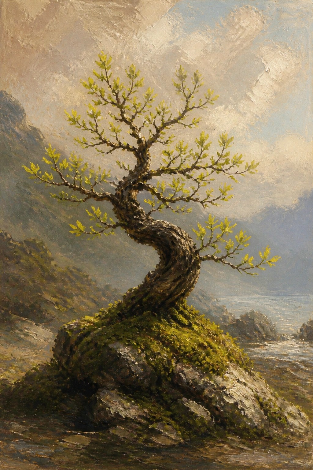 Twisted tree with budding leaves on mossy rock by misty mountainous shore