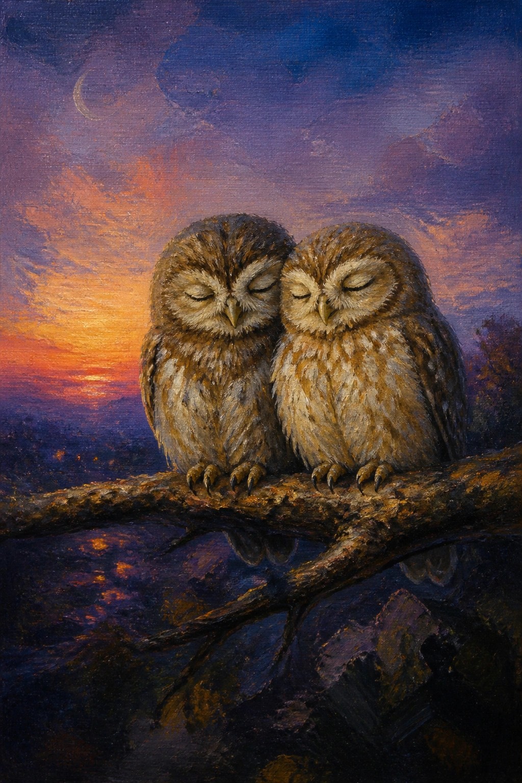 Two owls with closed eyes perched on a branch under a vibrant sunset sky