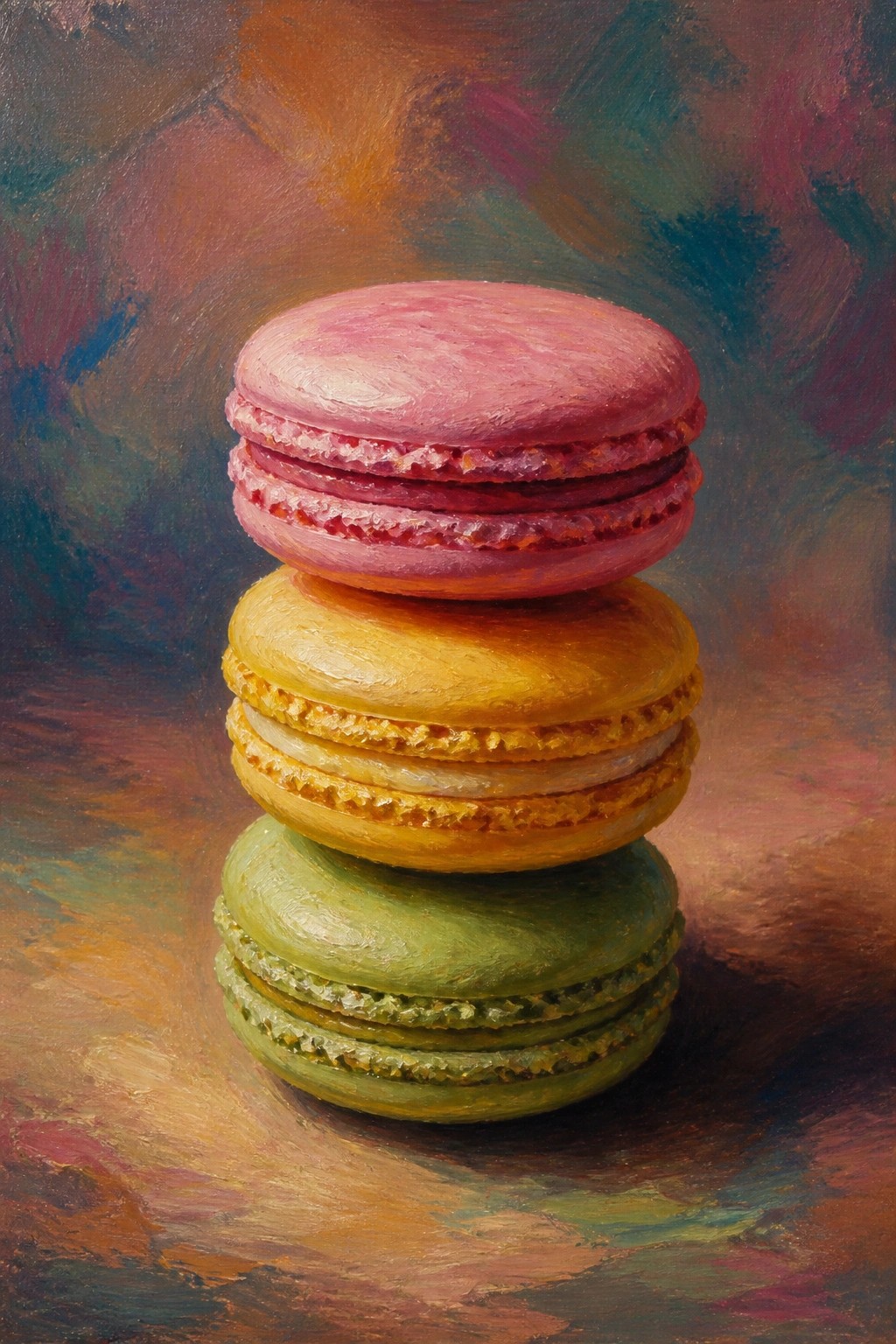 Stacked pink, yellow, and green macarons in a vibrant oil painting.