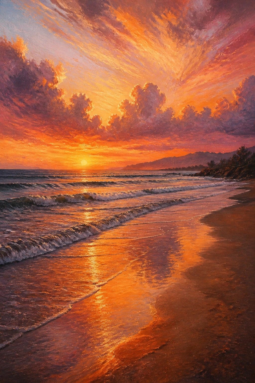 Dramatic orange sunset over ocean waves crashing on a sandy beach under vibrant clouds.