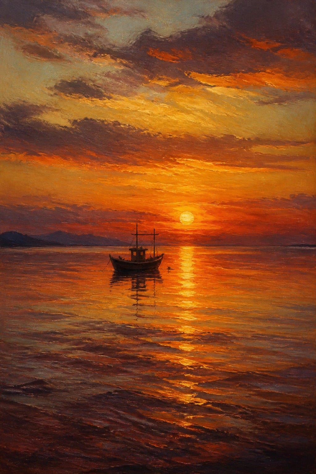 An oil painting shows a small boat on calm water at sunset with the sun low on the horizon and orange-red clouds filling the sky above its reflection.